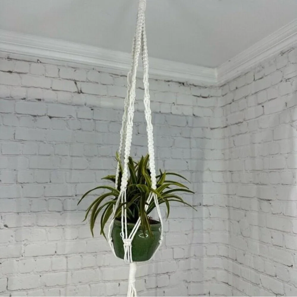 Lot of 4 Macrame Plant Hangers‎ Off White Cotton Boho Beaded Indoor Outdoor NEW